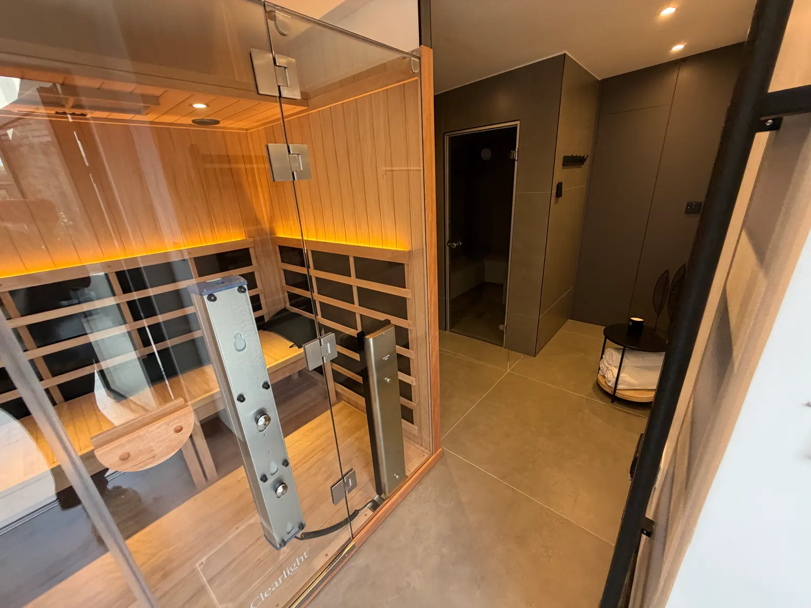 Infrared sauna with the steam room and shower area alongside it