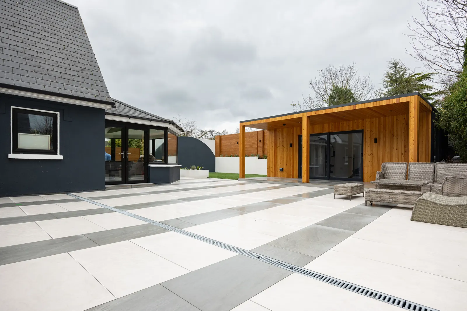 Premium garden with large porcelain patio and cedar garden room in Dublin